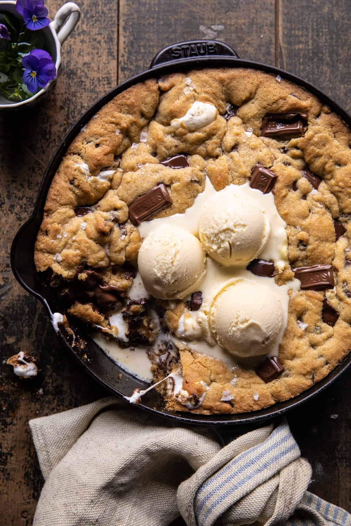 Giant S’mores Stuffed Chocolate Chip Skillet Cookie.