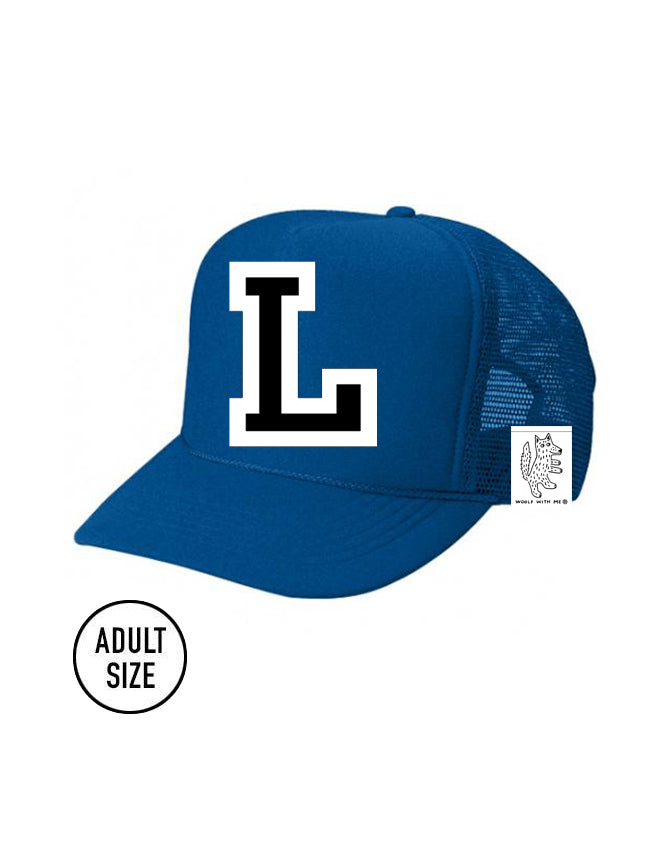 Custom Initial Letter (A-Z) Adult Trucker Hat (Blue)