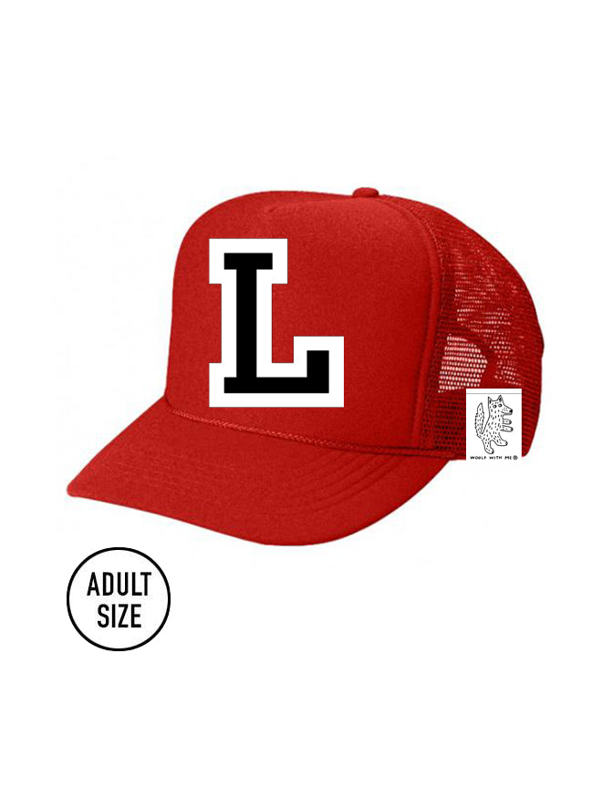 Custom Initial Letter (A-Z) Adult Trucker Hat (Red)