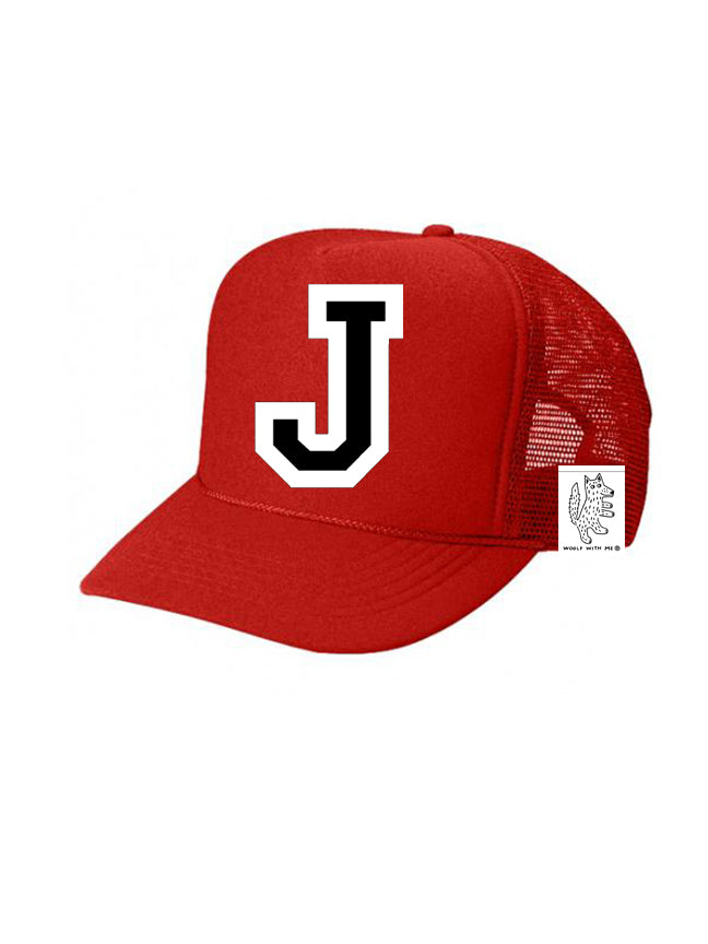 Custom Initial Letter (A-Z) Kids Trucker Hat (Red)