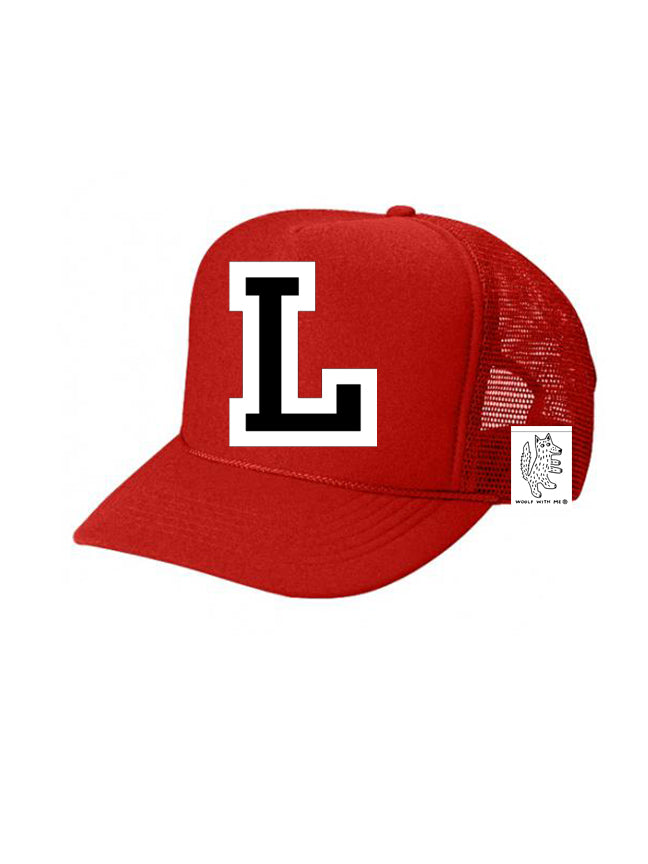 Custom Initial Letter (A-Z) Kids Trucker Hat (Red)