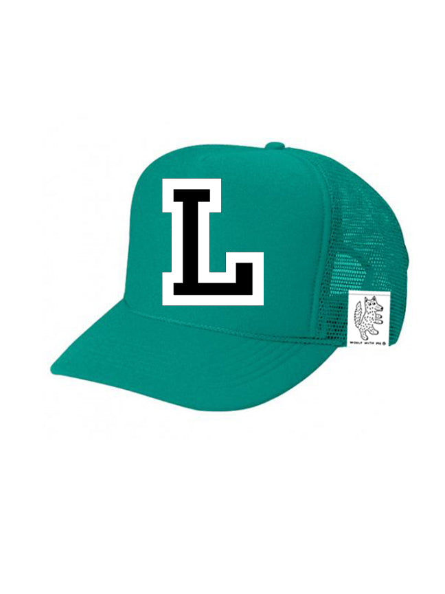 Custom Initial Letter (A-Z) Kids Trucker Hat (Teal)