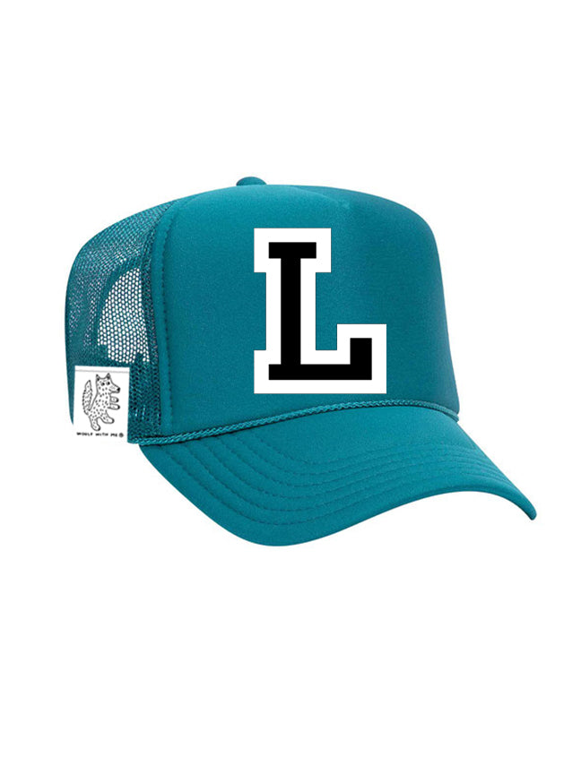 Custom Initial Letter (A-Z) Adult Trucker Hat (Aqua)