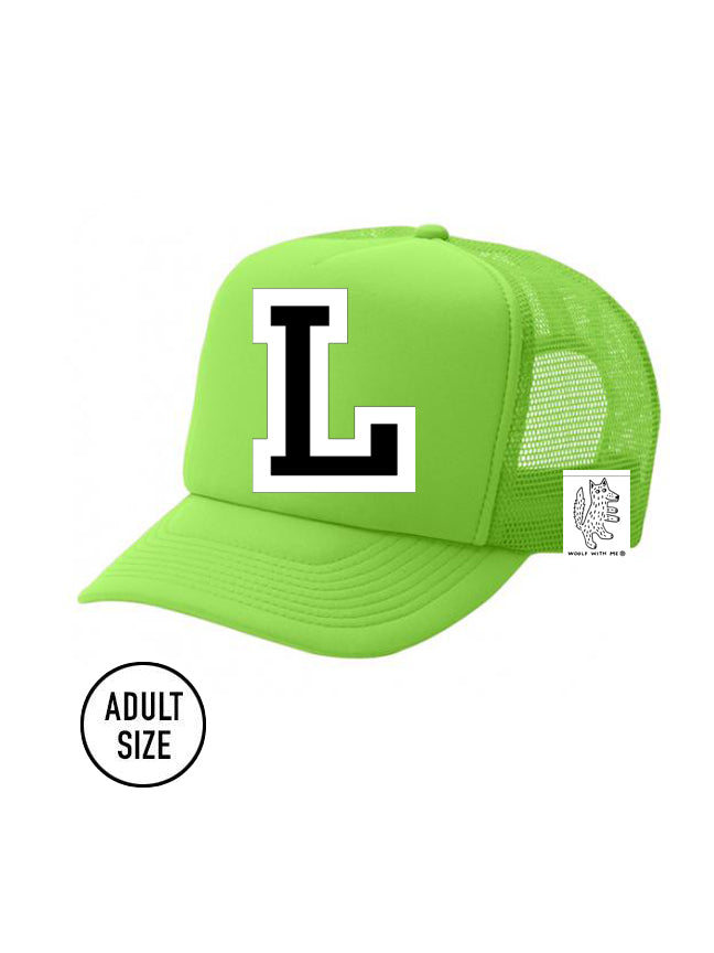 Custom Initial Letter (A-Z) Adult Trucker Hat (Neon Green)