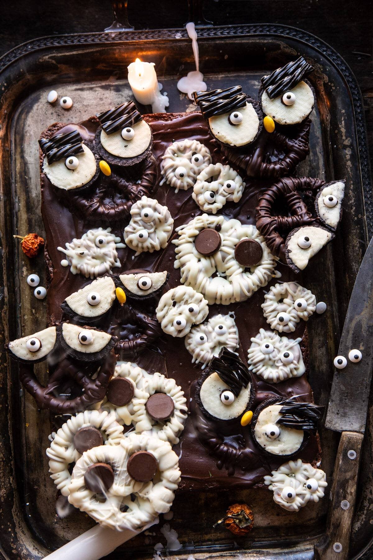 Boo! Spooky Monster Chocolate Covered Pretzel Brownies.