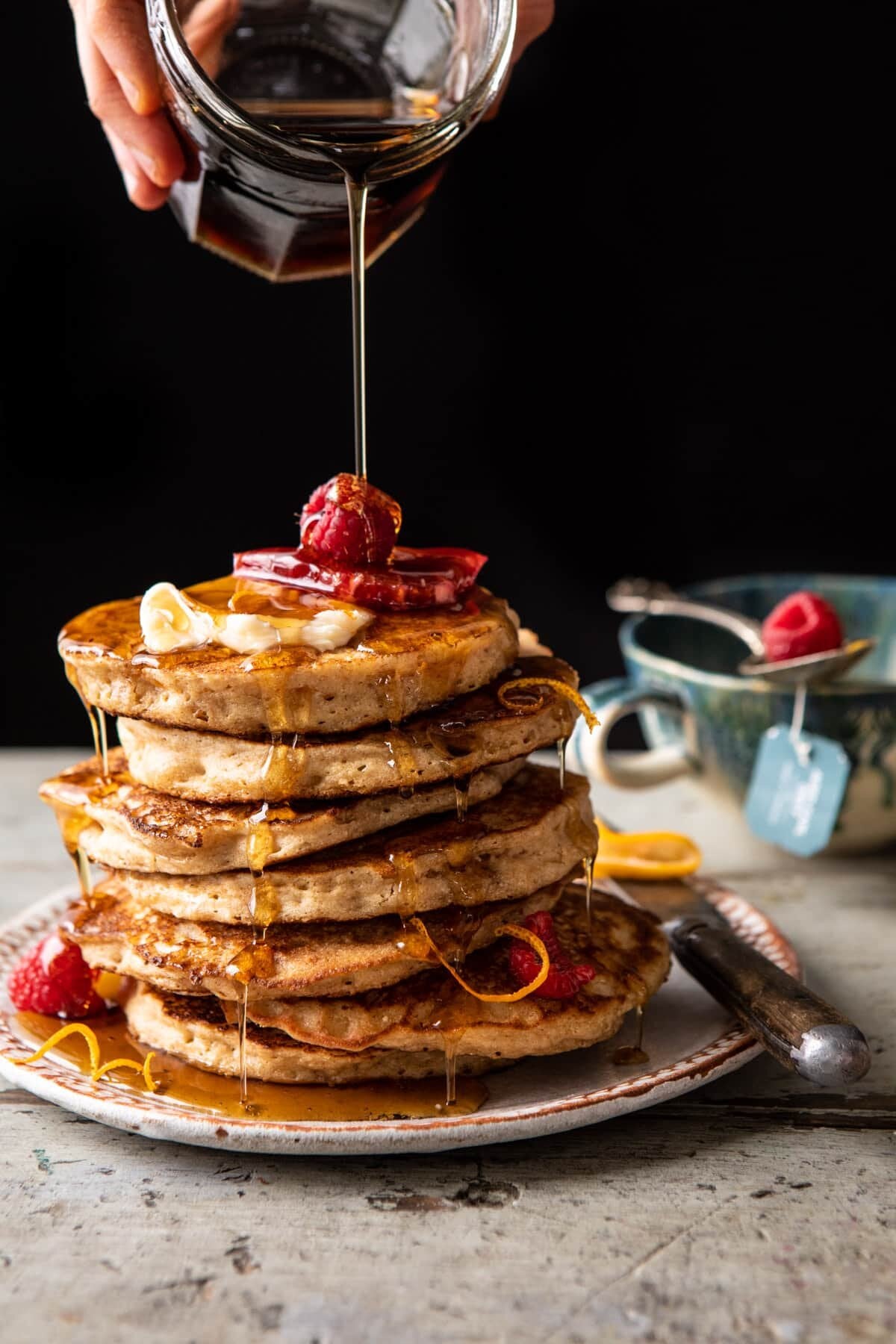 Earl Grey Lemon Ricotta Pancakes with Salted Maple Butter.