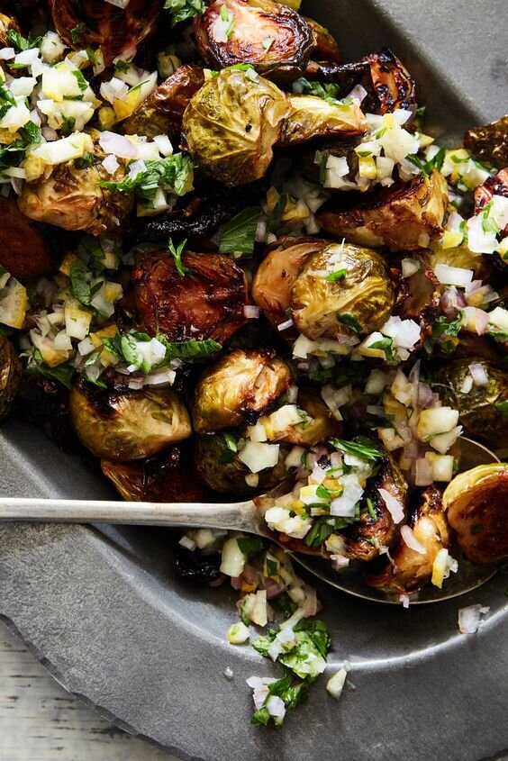 Honey-Roasted Brussels Sprouts with Harissa and Lemon Relish.