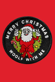 Round patch with Santa Claus and 'Merry Christmas Woof with Me' text on a white background