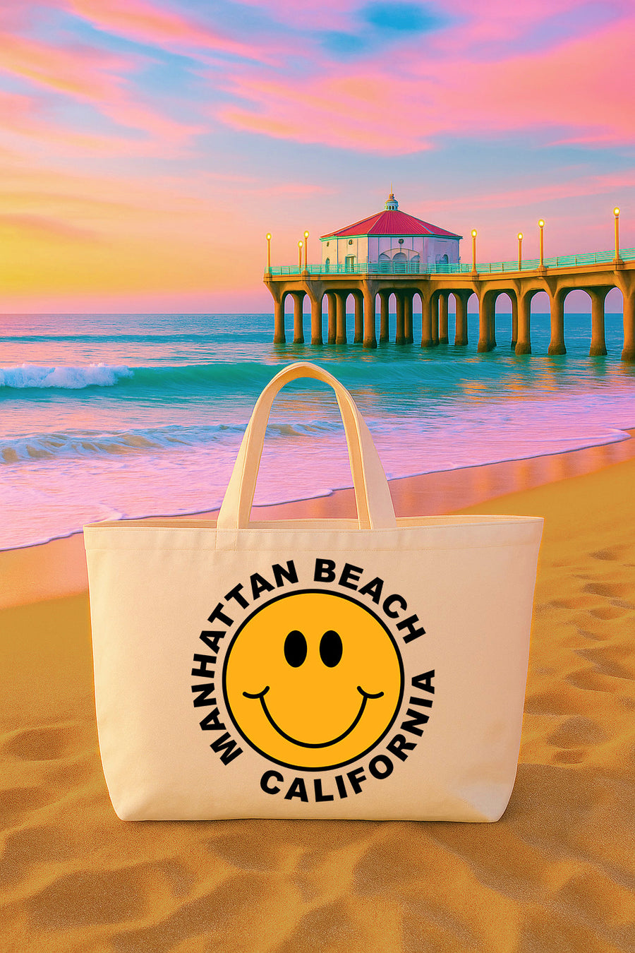 Tote Bag Smiley Face Manhattan Beach (Choose a City)