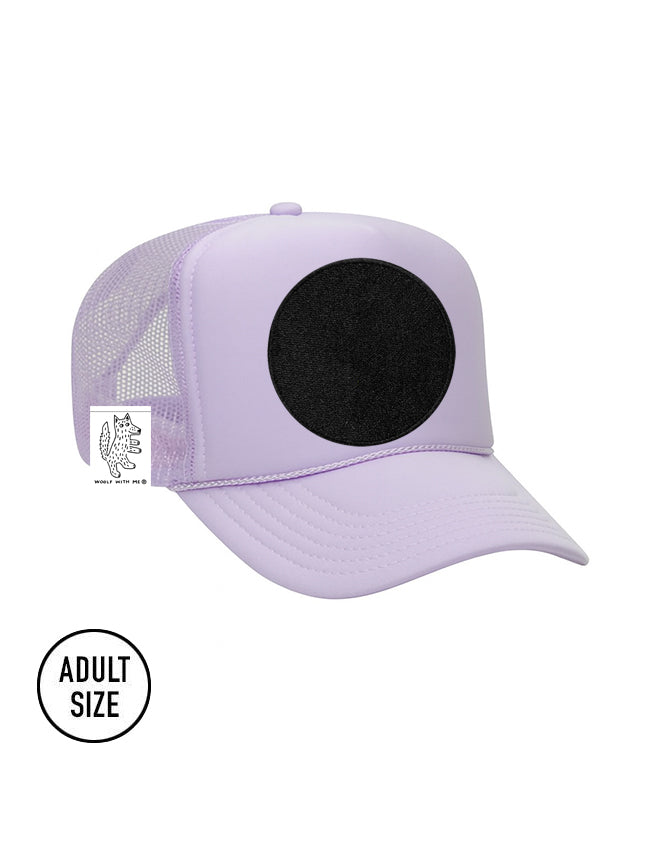 Lavender baseball cap with black circle on a white background