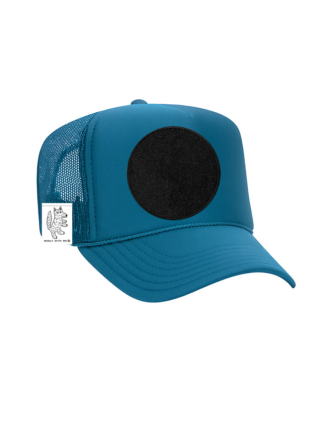 Blue cap with black mesh back on a white background