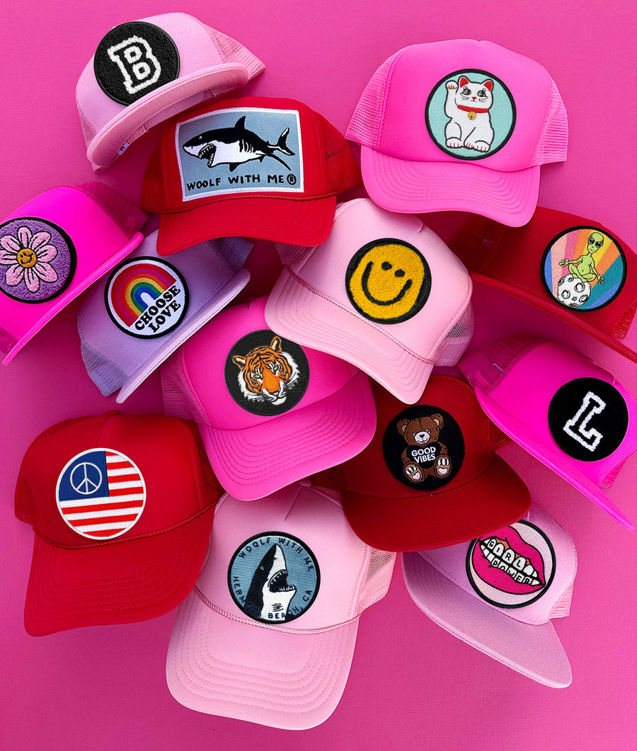 ADULT Trucker Hat Shark, Sewn On Patch (Red)