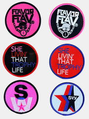 Woolf With Me® custom embroidered round Velcro patches featuring various colorful graphic designs and typography.