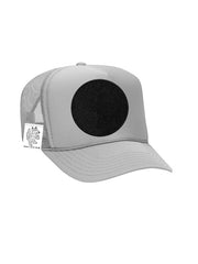 Woolf With Me® gray trucker hat with adjustable snap back and black circular velcro patch area. Mesh back.