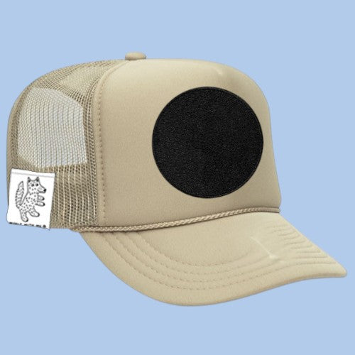 Woolf With Me® kids' khaki and cream trucker hat with foam front, mesh back, and adjustable snap closure.