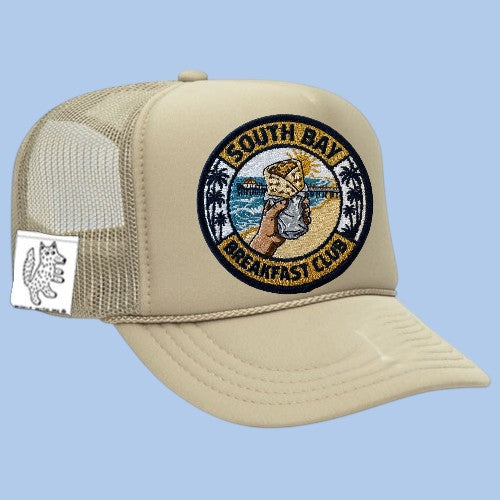 Woolf With Me® kids' khaki and cream trucker hat with a blank velcro patch area and adjustable snap back closure.