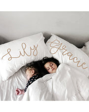 Woolf With Me Organic Personalized Pillowcase Large Center Cursive Toddler and Queen Size color_almond