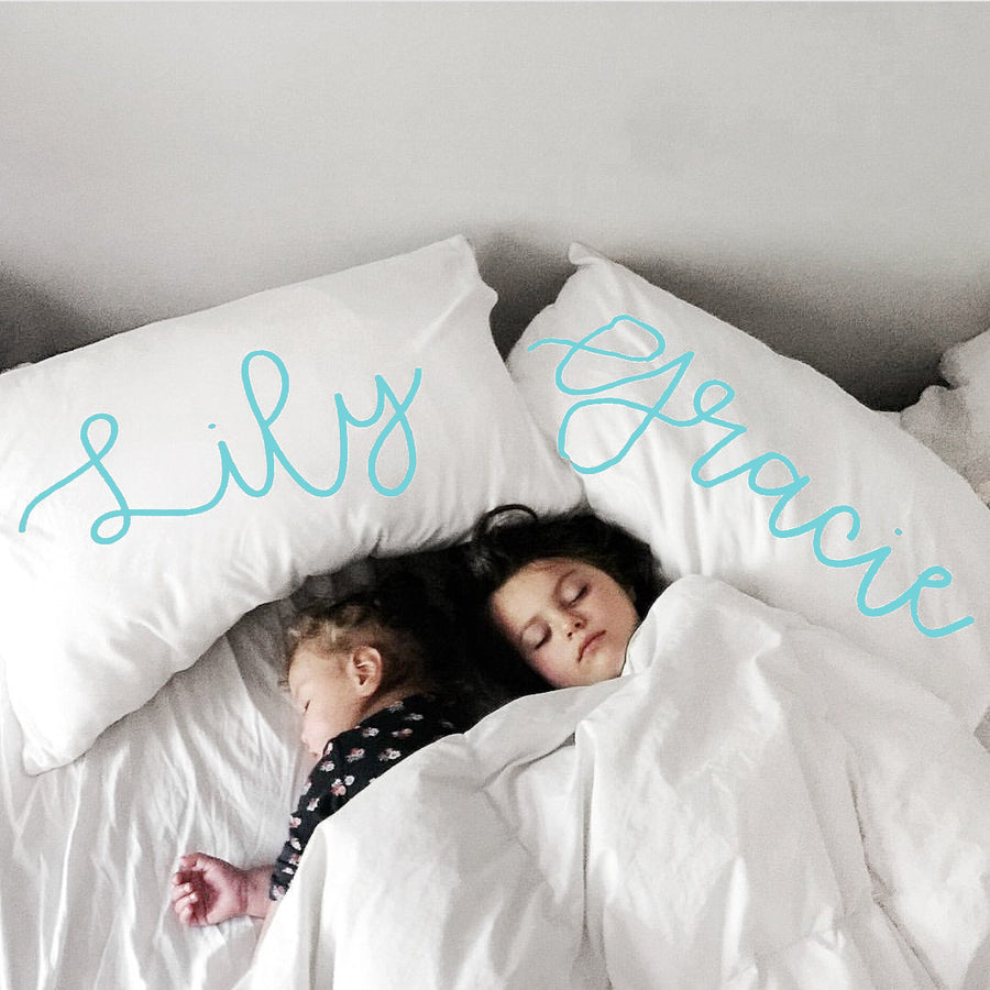 Woolf With Me Organic Personalized Pillowcase Large Center Cursive Toddler and Queen Size color_aqua