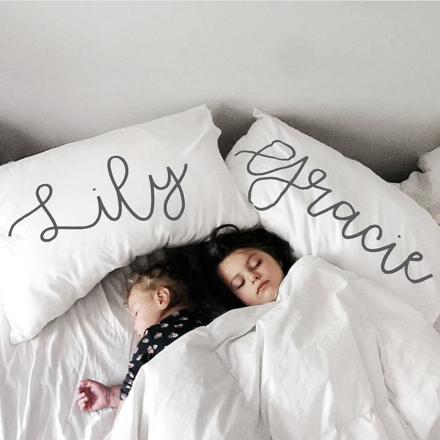Woolf With Me Organic Personalized Pillowcase Large Center Cursive Toddler and Queen Size color_charcoal
