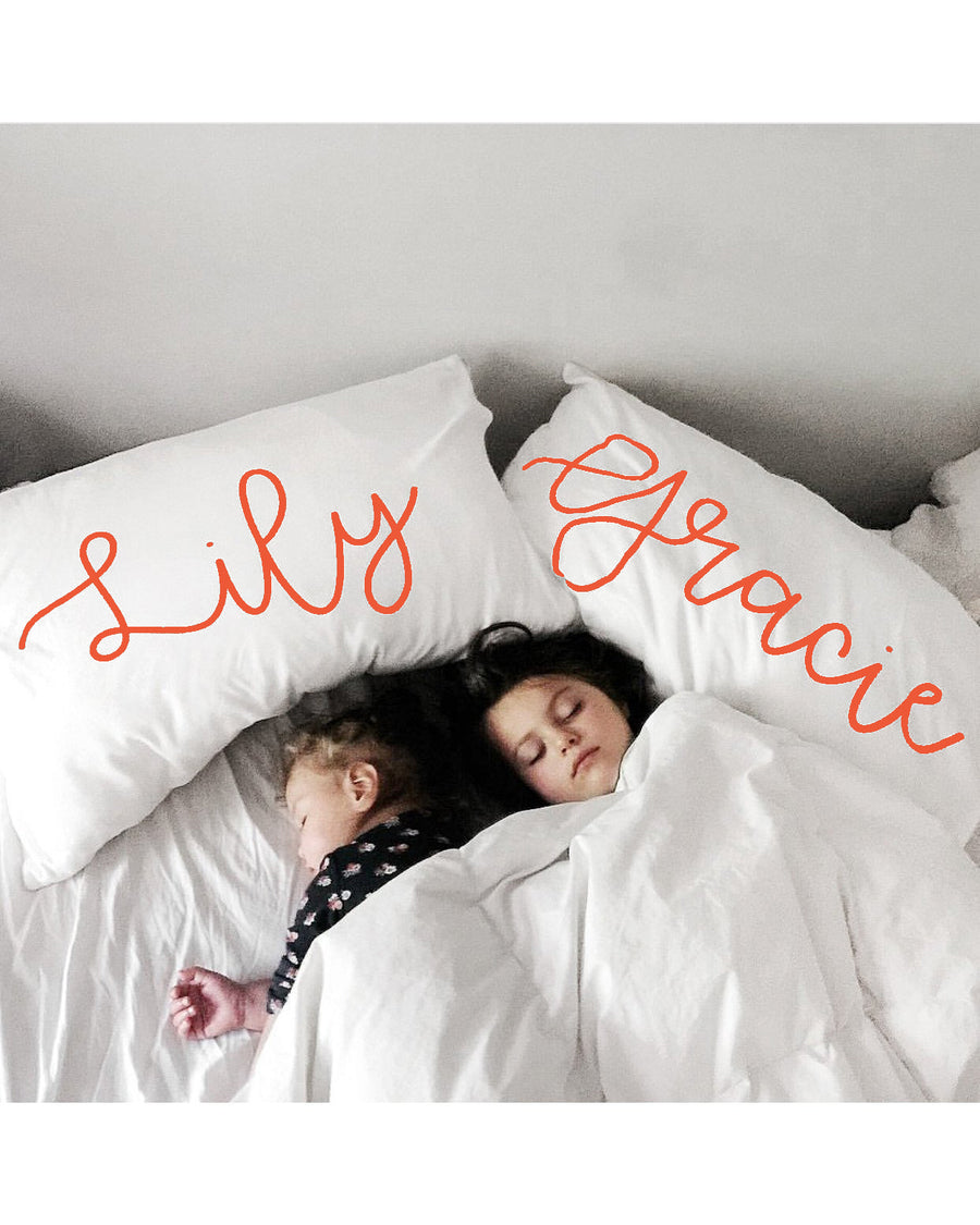 Woolf With Me Organic Personalized Pillowcase Large Center Cursive Toddler and Queen Size color_flame