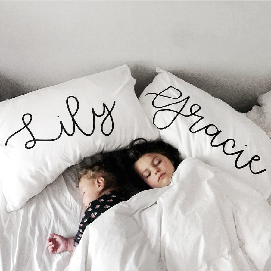 Woolf With Me Organic Personalized Pillowcase Large Center Cursive Toddler and Queen Size Black