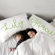 Woolf With Me Organic Personalized Pillowcase Large Center Cursive Toddler and Queen Size color_greenery