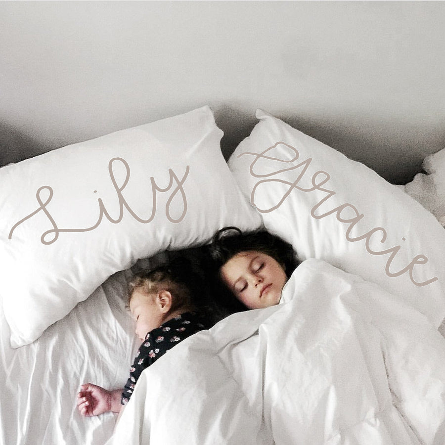 Woolf With Me Organic Personalized Pillowcase Large Center Cursive Toddler and Queen Size color_greige