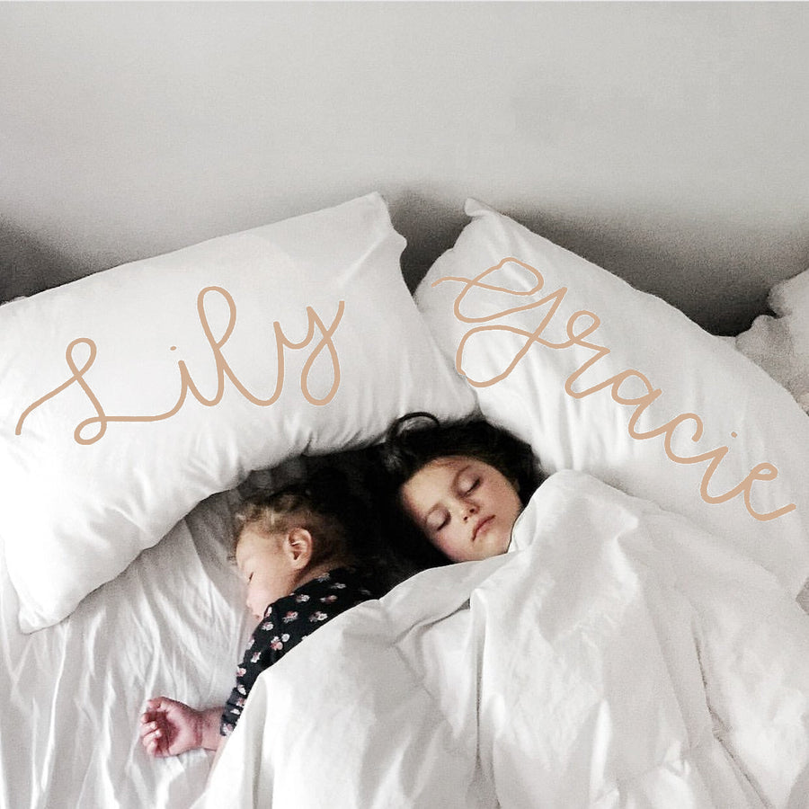 Woolf With Me Organic Personalized Pillowcase Large Center Cursive Toddler and Queen Size color_hazelnut