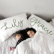 Woolf With Me Organic Personalized Pillowcase Large Center Cursive Toddler and Queen Size color_kale