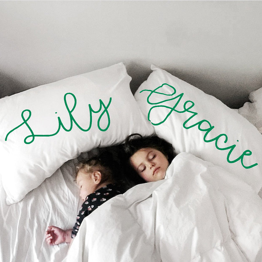 Woolf With Me Organic Personalized Pillowcase Large Center Cursive Toddler and Queen Size color_kelly-green