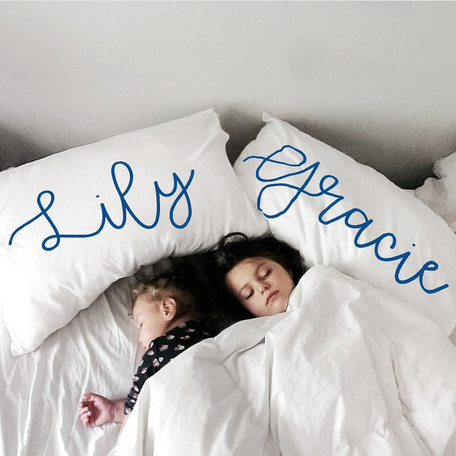 Woolf With Me Organic Personalized Pillowcase Large Center Cursive Toddler and Queen Size color_lapis-blue