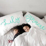 Woolf With Me Organic Personalized Pillowcase Large Center Cursive Toddler and Queen Size color_light-jade