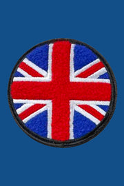 Round patch with Union Jack design on a blue background