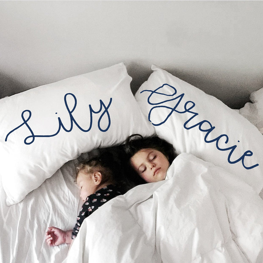 Woolf With Me Organic Personalized Pillowcase Large Center Cursive Toddler and Queen Size color_navy