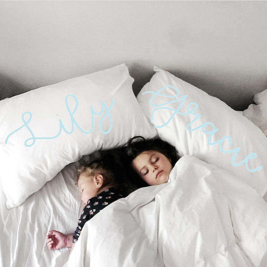 Woolf With Me Organic Personalized Pillowcase Large Center Cursive Toddler and Queen Size color_pale-blue