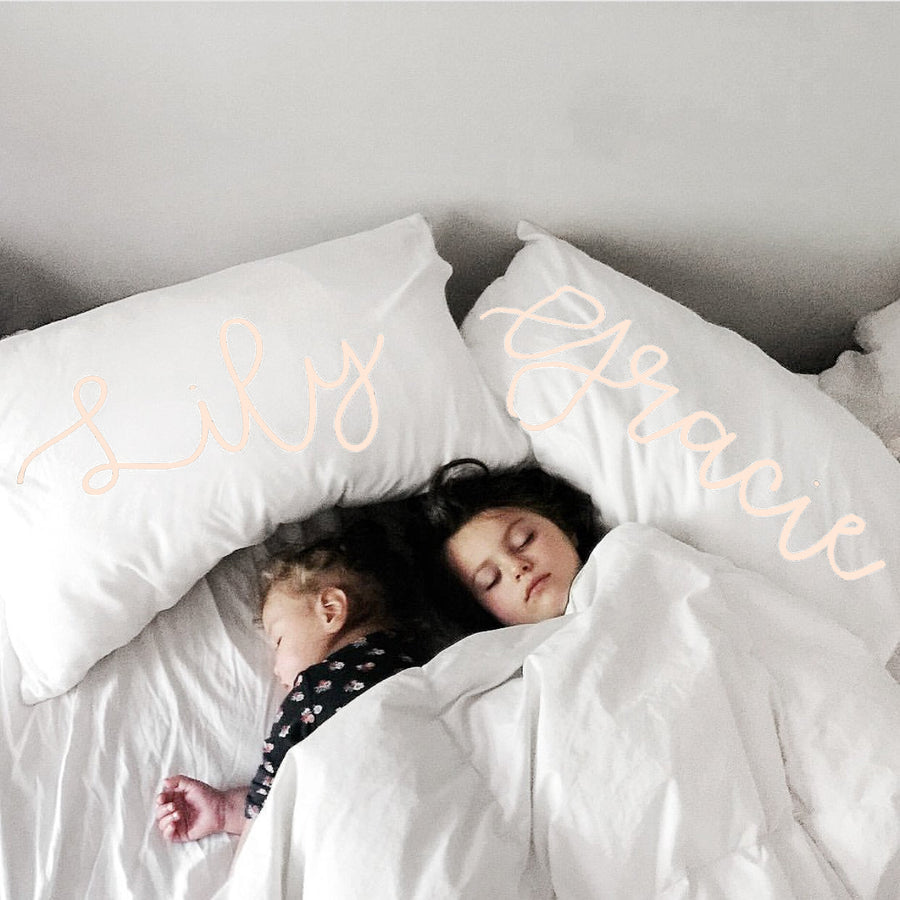 Woolf With Me Organic Personalized Pillowcase Large Center Cursive Toddler and Queen Size color_pale-blush