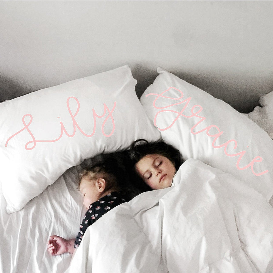 Woolf With Me Organic Personalized Pillowcase Large Center Cursive Toddler and Queen Size color_rose-quartz