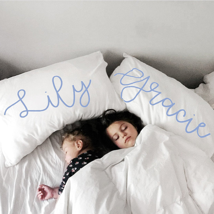 Woolf With Me Organic Personalized Pillowcase Large Center Cursive Toddler and Queen Size color_serenity