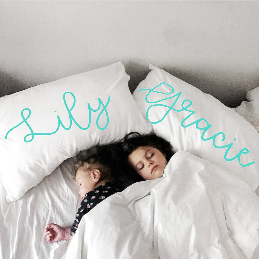 Woolf With Me Organic Personalized Pillowcase Large Center Cursive Toddler and Queen Size color_teal