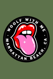 Circular logo with a tongue and lips design on a green background
