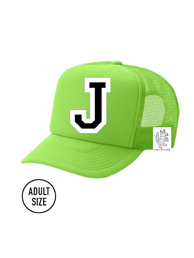 Initial Letter Trucker Hat, | : Woolf Neon Green With Me® Adult Hat
