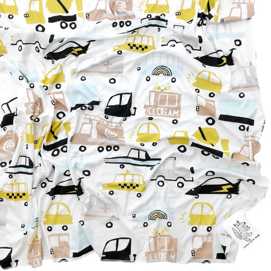 Woolf With Me Organic Swaddle Blanket Cars and Trucks color_white