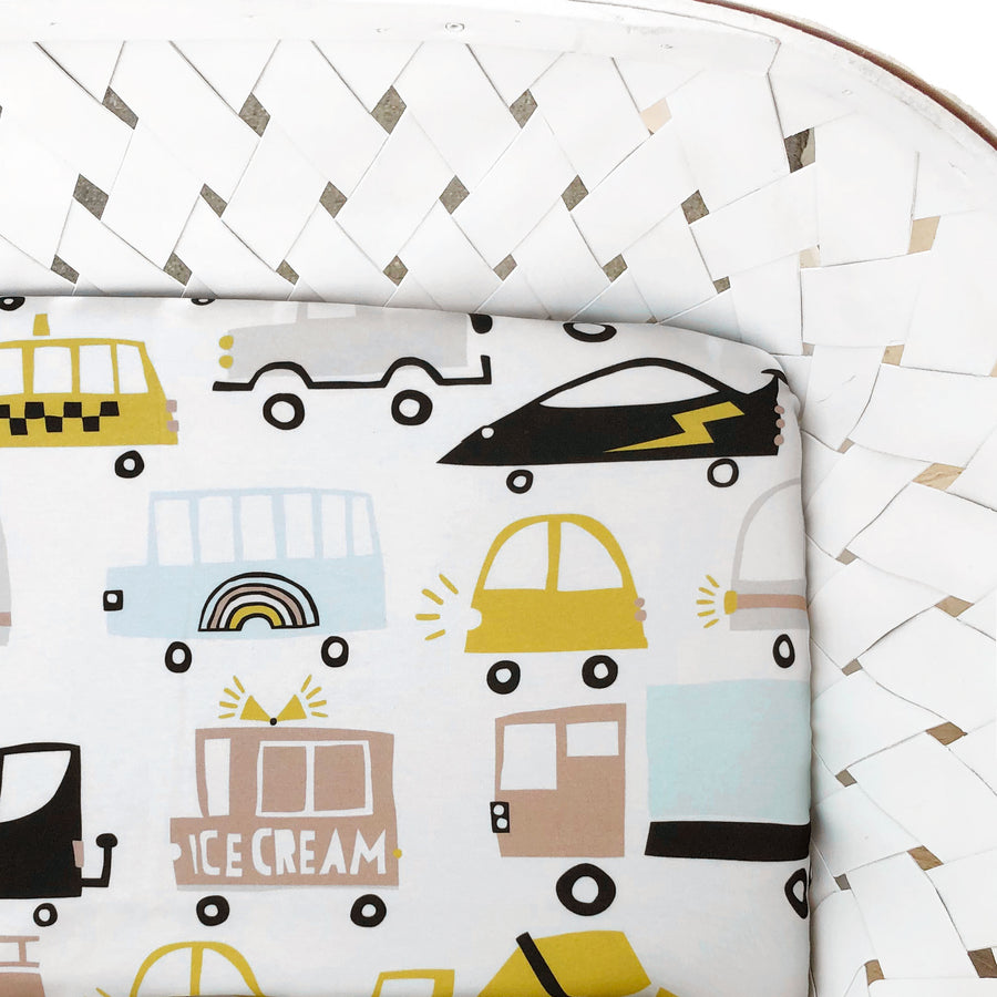 Woolf With Me Fitted Crib Sheet Cars and Trucks color_white