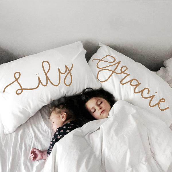 Woolf With Me Organic Personalized Pillowcase Large Center Cursive Toddler and Queen Size color_camel