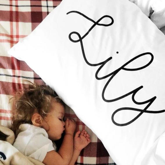 Woolf With Me Organic Personalized Pillowcase Large Center Cursive Toddler and Queen Size color_black